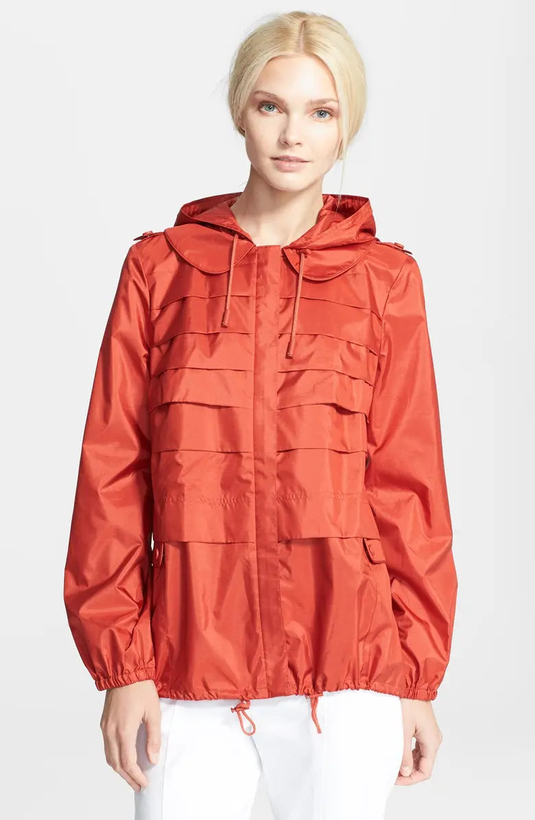 Tory Burch Red Pleated Utility Rain Jacket with Hood | Size Large