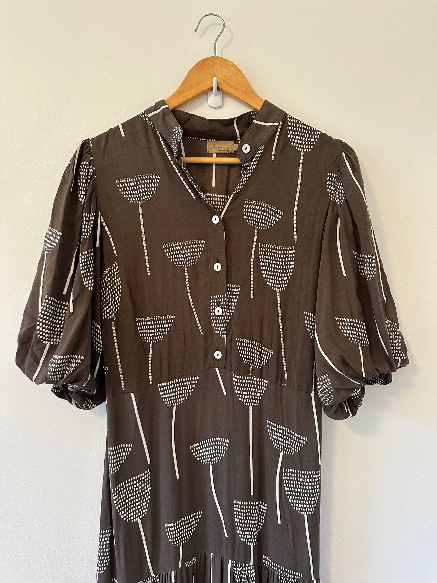 Skemo Brown Floral Dress with Gold Beading - Size Small