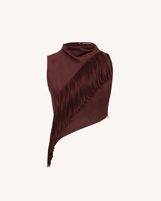 JW Pei Adeline Asymmetric Fringe Sueded Top in Burgundy - Size 8
