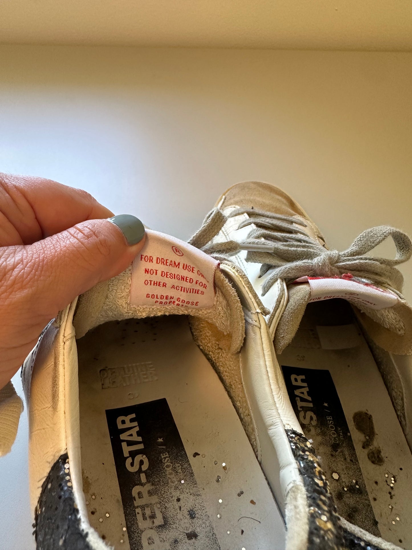 Golden Goose Super-Star Sneakers with a Star and Black Glitter Heel | Size 39