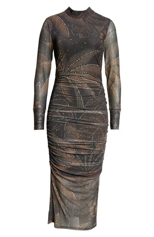 NWT FARM Rio Golden Foliage Long Sleeve Tulle Midi Dress in Black | Size Large