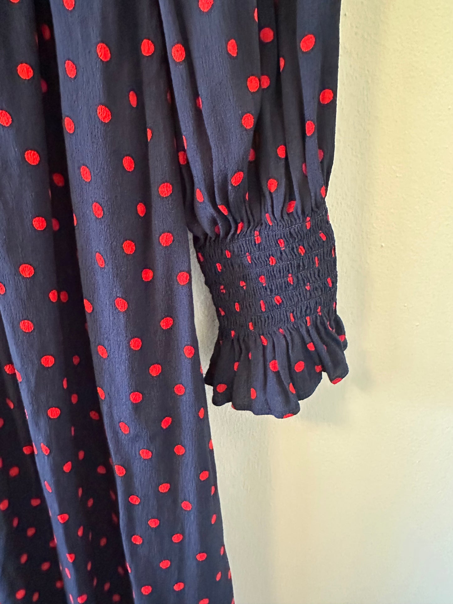 Boden Gemma Smocked Midi Dress in High Risk Red, Abstract Dot - Size 6
