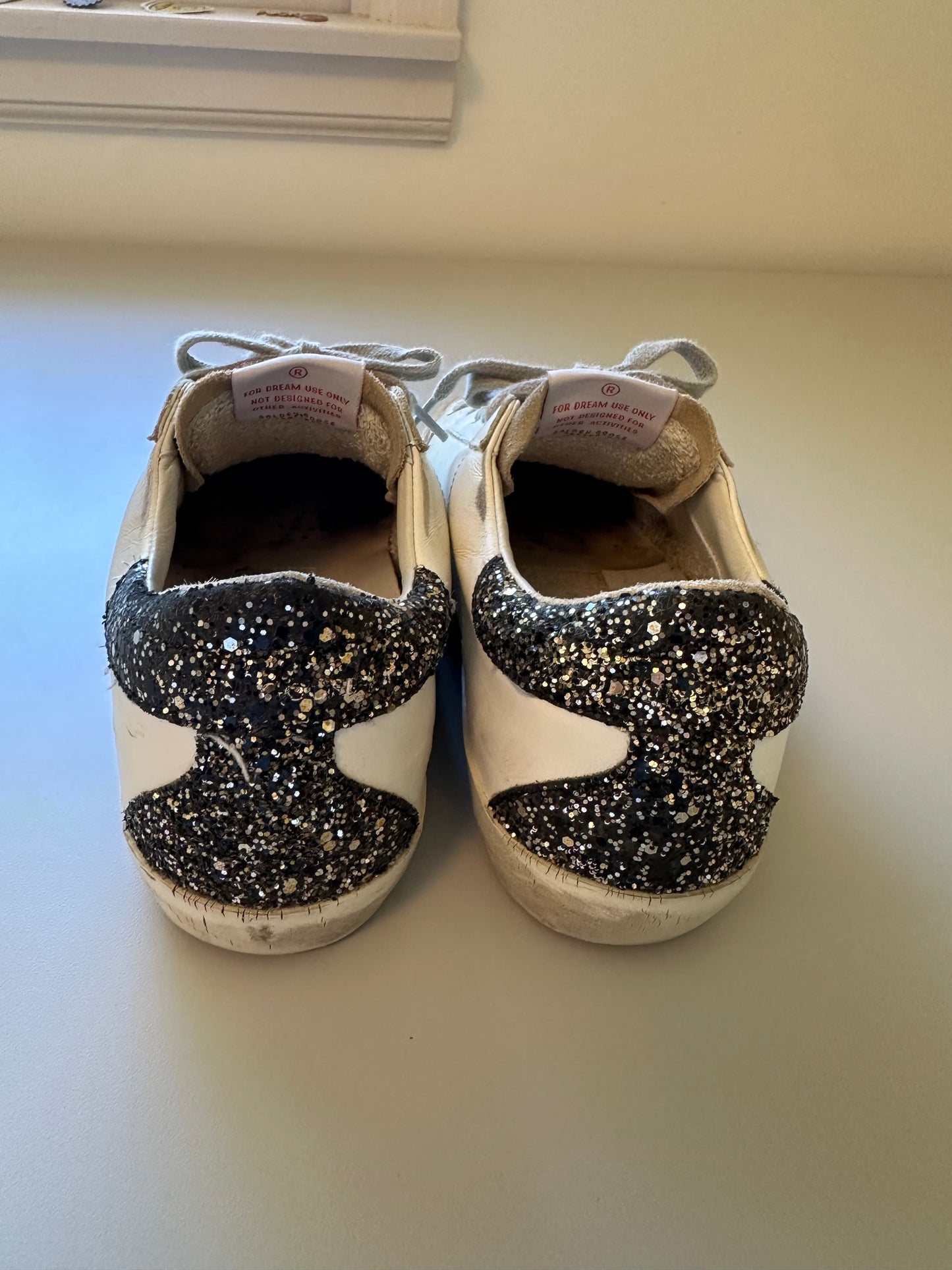 Golden Goose Super-Star Sneakers with a Star and Black Glitter Heel | Size 39