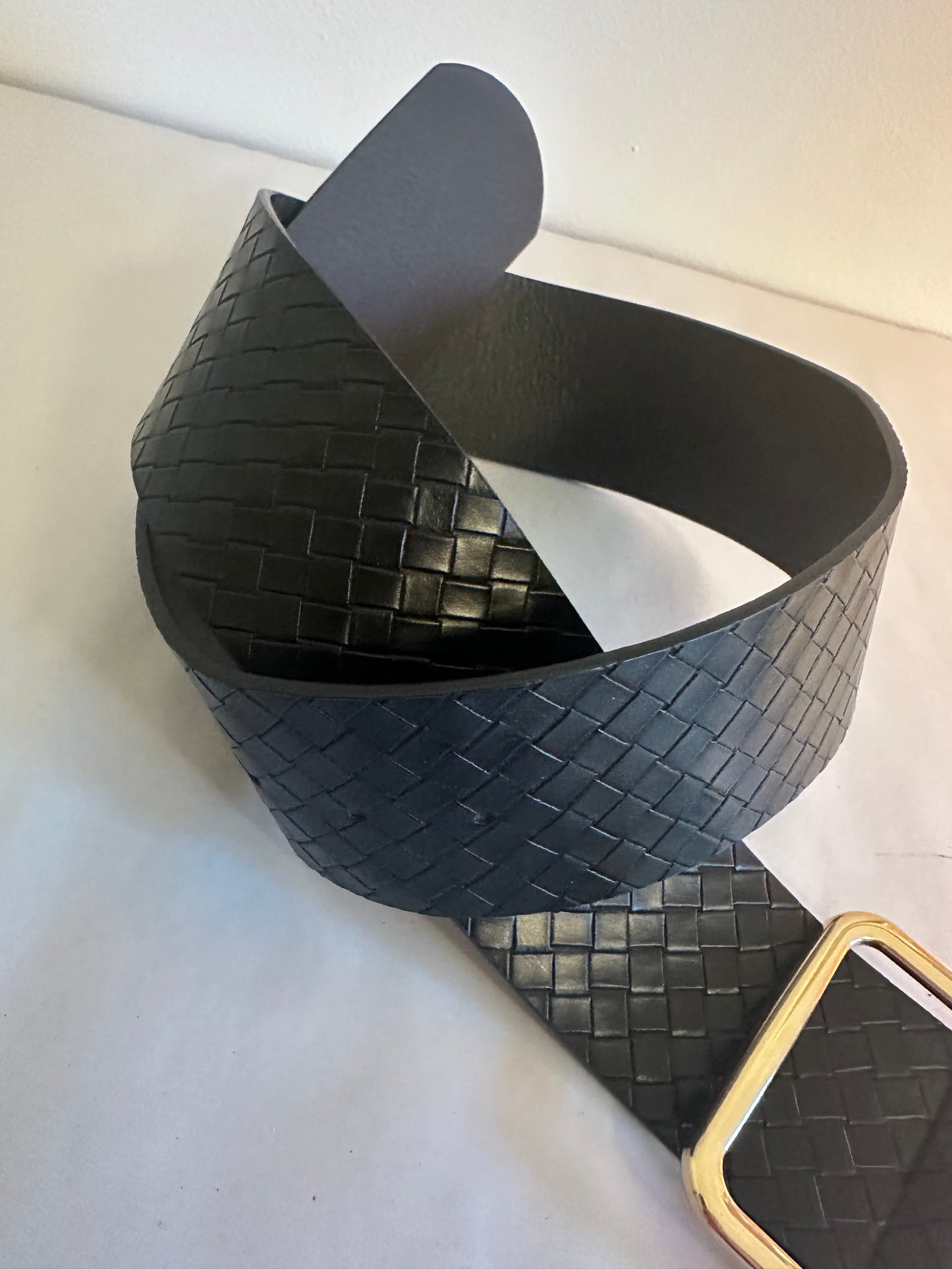 Black Woven Leather Belt with Gold Buckle