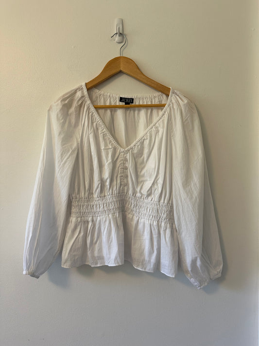 J. Crew V-Neck Cotton Blouse with Smocked Waist in White | Size Small