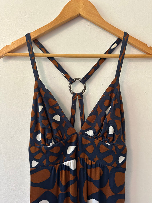 Trina Turk Spaghetti Strap Silk Patterned Dress in Brown and White | Size 0