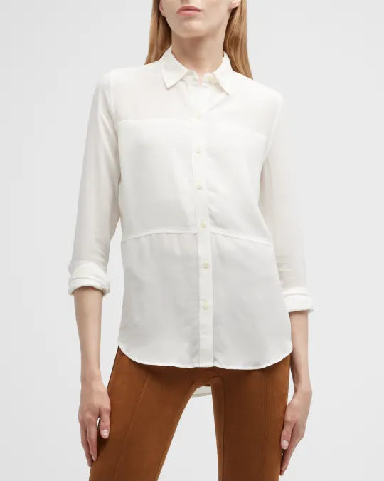 Spanx Washed Silk Paneled Button-Front Shirt in White - Size Large