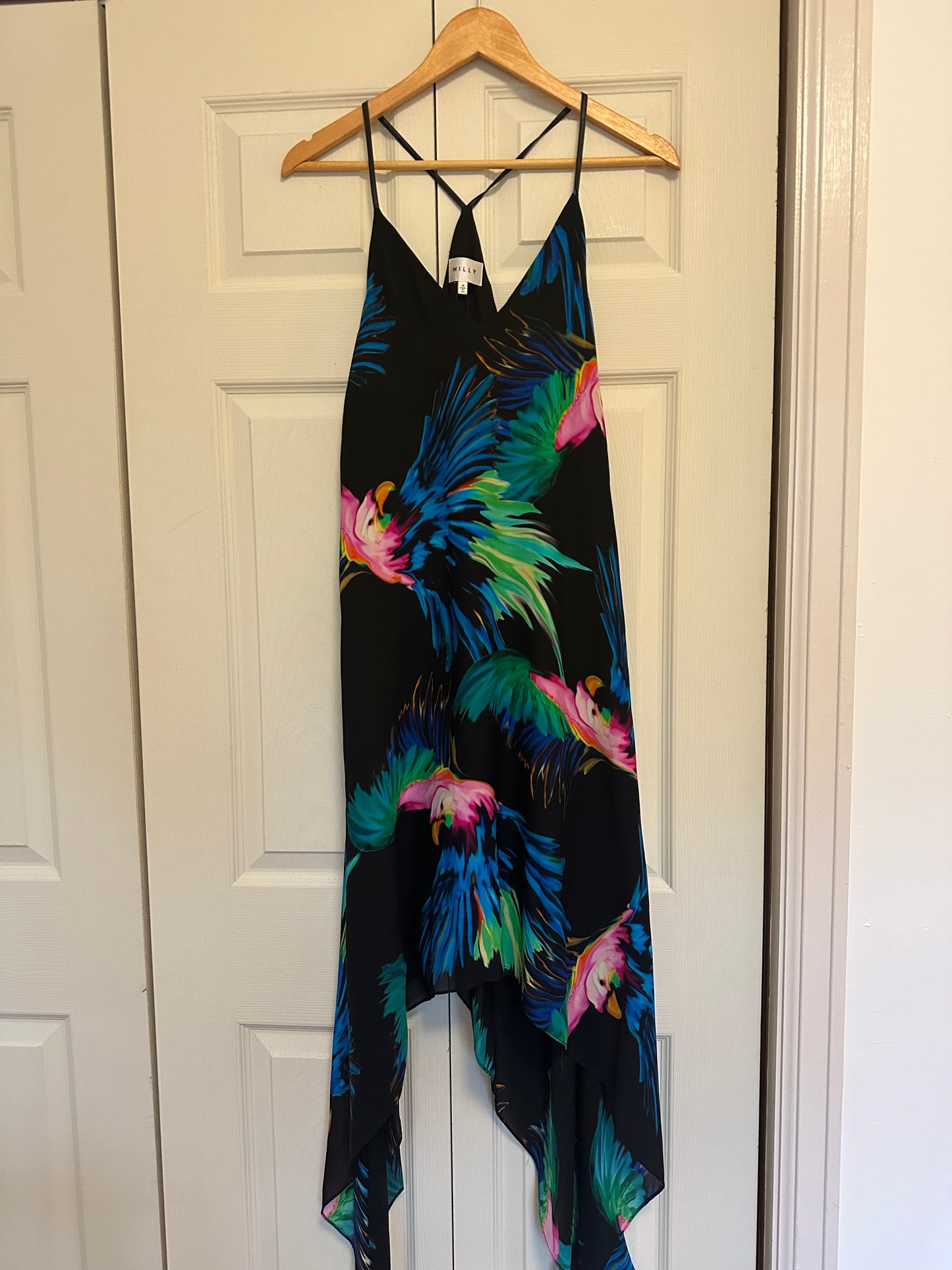 NWT Milly Silk Black Dress with Colorful Parrot Print Size 4
