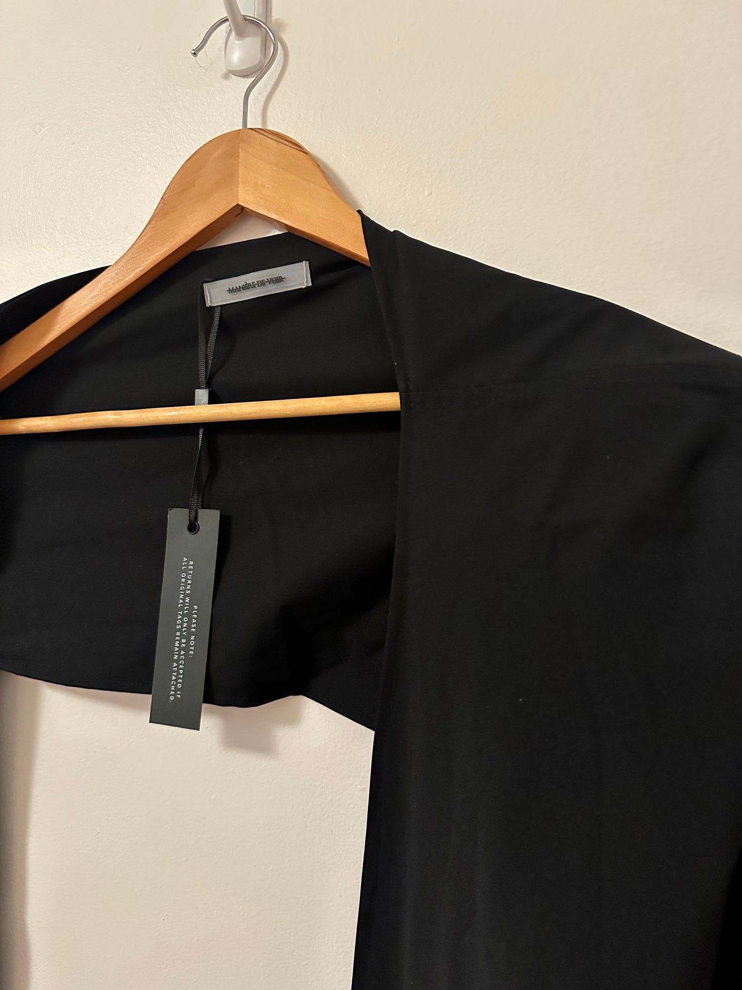 Maniere De Voir Coralie Black One-Shoulder Vegan Leather Wrap Blouse - Size 6