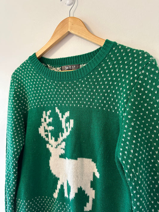 Ye Mak Green Sweater with Reindeer Design - Size Small
