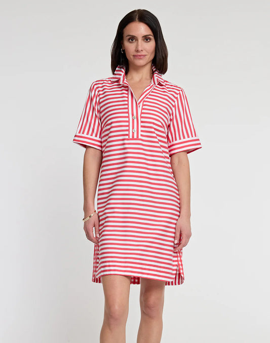 Hinson Wu Aileen Short Sleeve Stripe/Gingham Dress in Coral and White - Size Medium