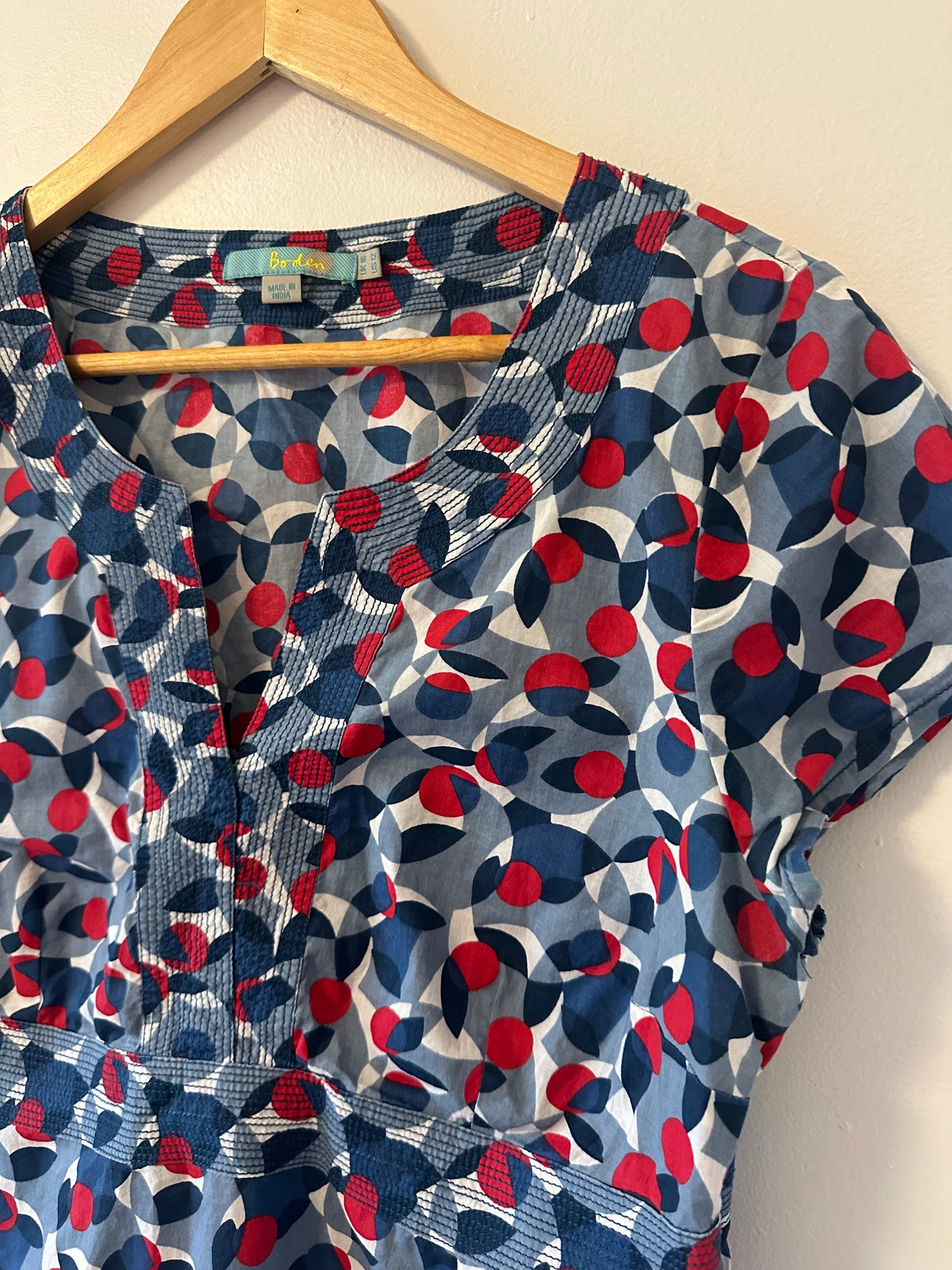 Boden Notch Neck Poplin Blue and Red Patterned Blouse - Size 12