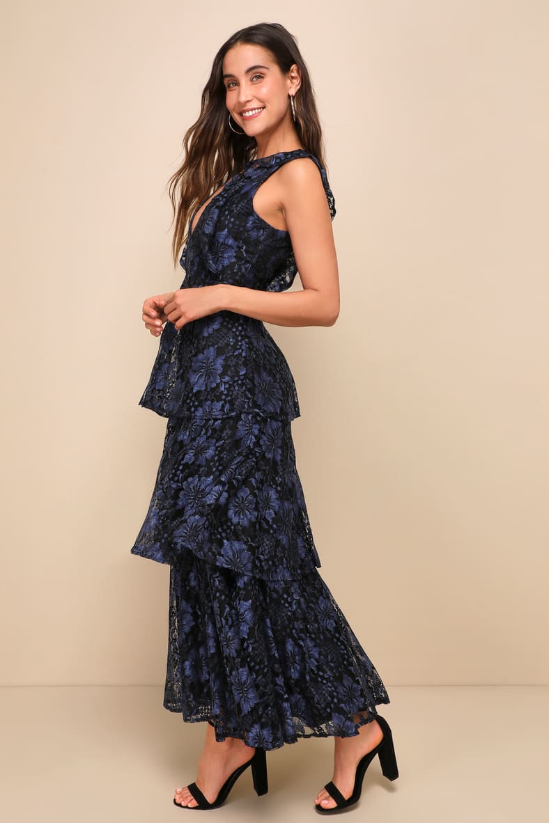 Lulu's Molinetto Navy Blue Lace Ruffled Tiered Sleeveless Maxi Dress | Size Large