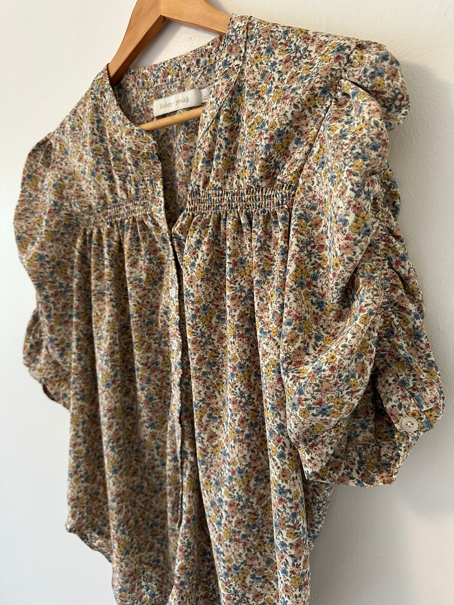 bishop + young Ruched Floral Button Down Blouse in Blue and Brown | Size Large