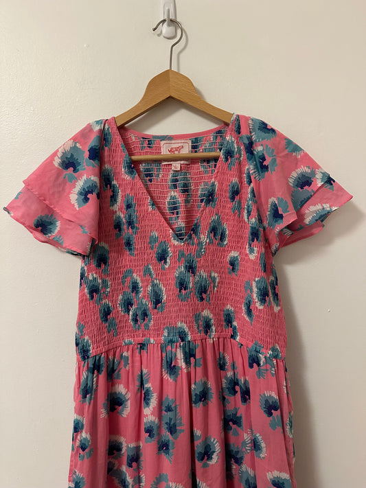 Banjanan Ira Cotton Floral Cap Sleeve Dress in Blue and Pink | Size Large