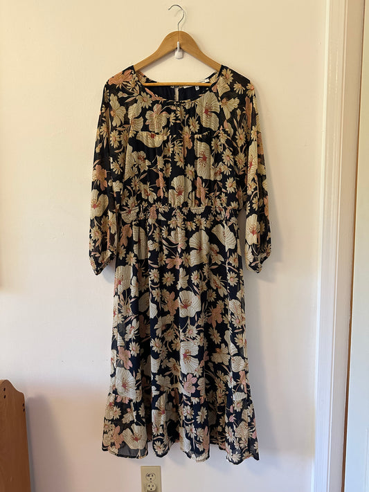 Collective Concepts Chiffon Black and Cream Floral Dress | Size XL