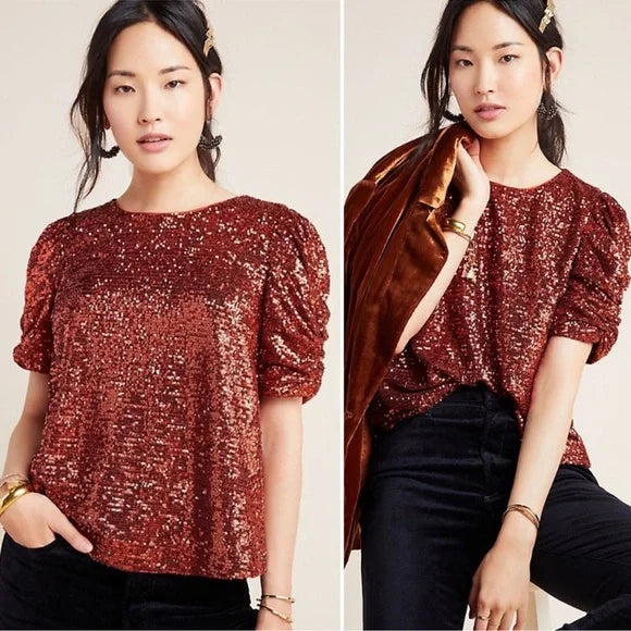 Anthropologie Marie Sequin Puff Sleeve Blouse in Copper | Size 6