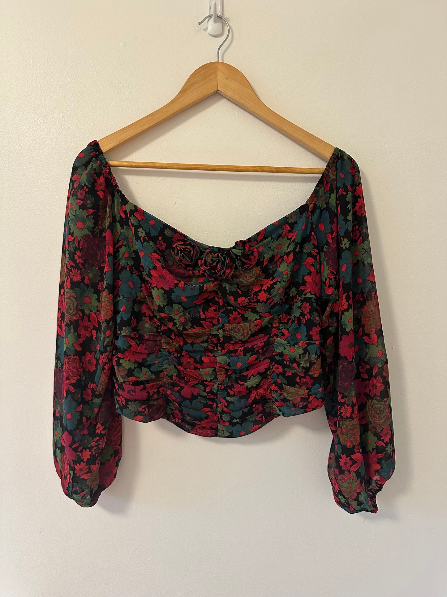 Free People Oh La La Floral Blouse - Red and Black in Size Medium