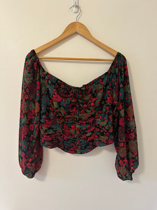 Free People Oh La La Floral Blouse - Red and Black in Size Medium