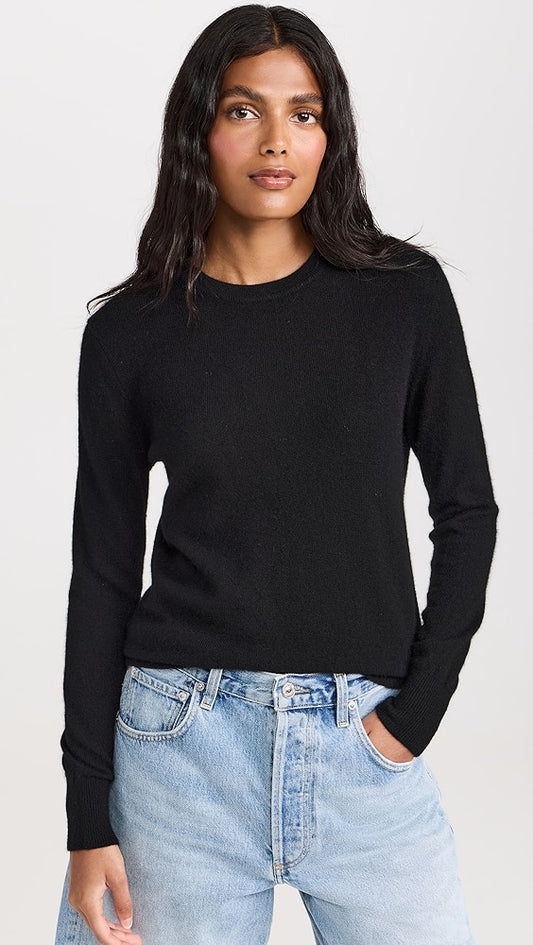 White + Warren Essentials Classic Crewneck Cashmere Sweater in Black - Small