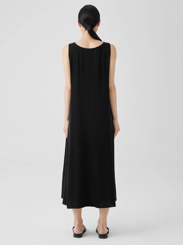Eileen Fisher Silk Georgette Crepe Scoop Neck Dress in Black | Size XL