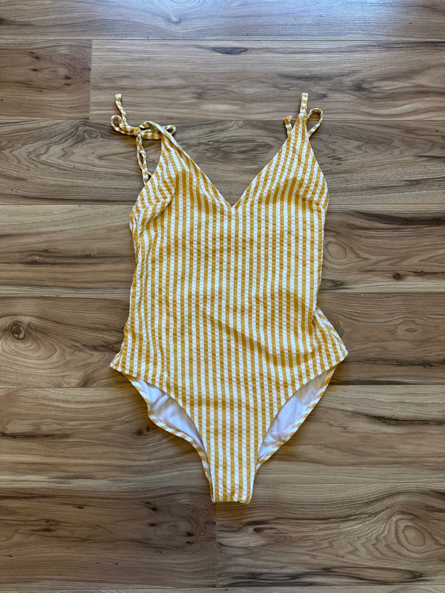 Jessica Simpson Yellow Striped Seersucker One Piece Swimsuit - Size Large