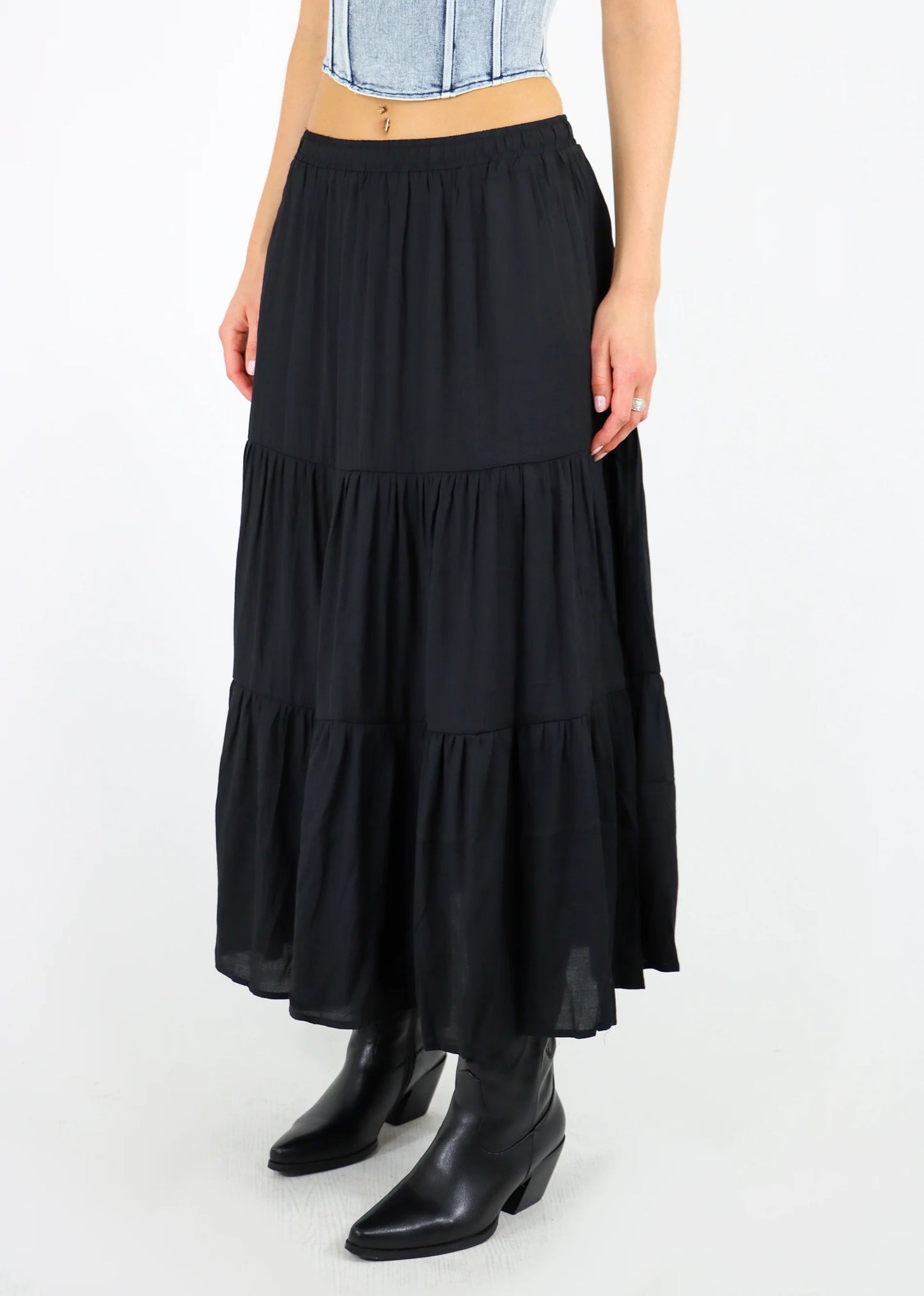Sundry Black Cotton Gauze Tiered Maxi Skirt | Size Small (1)