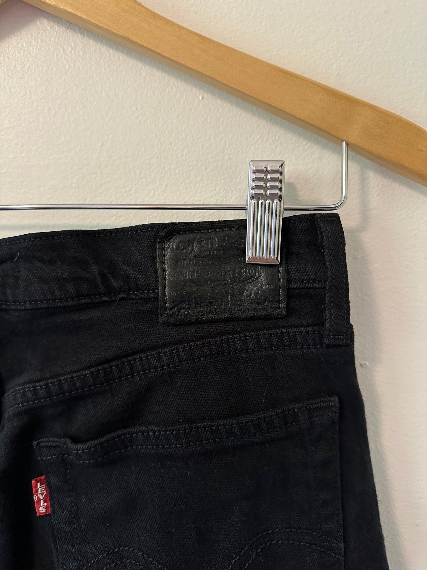 Levi's - Black Ripped and Distressed Wedgie Tapered Jeans with Raw Hem | Size 27