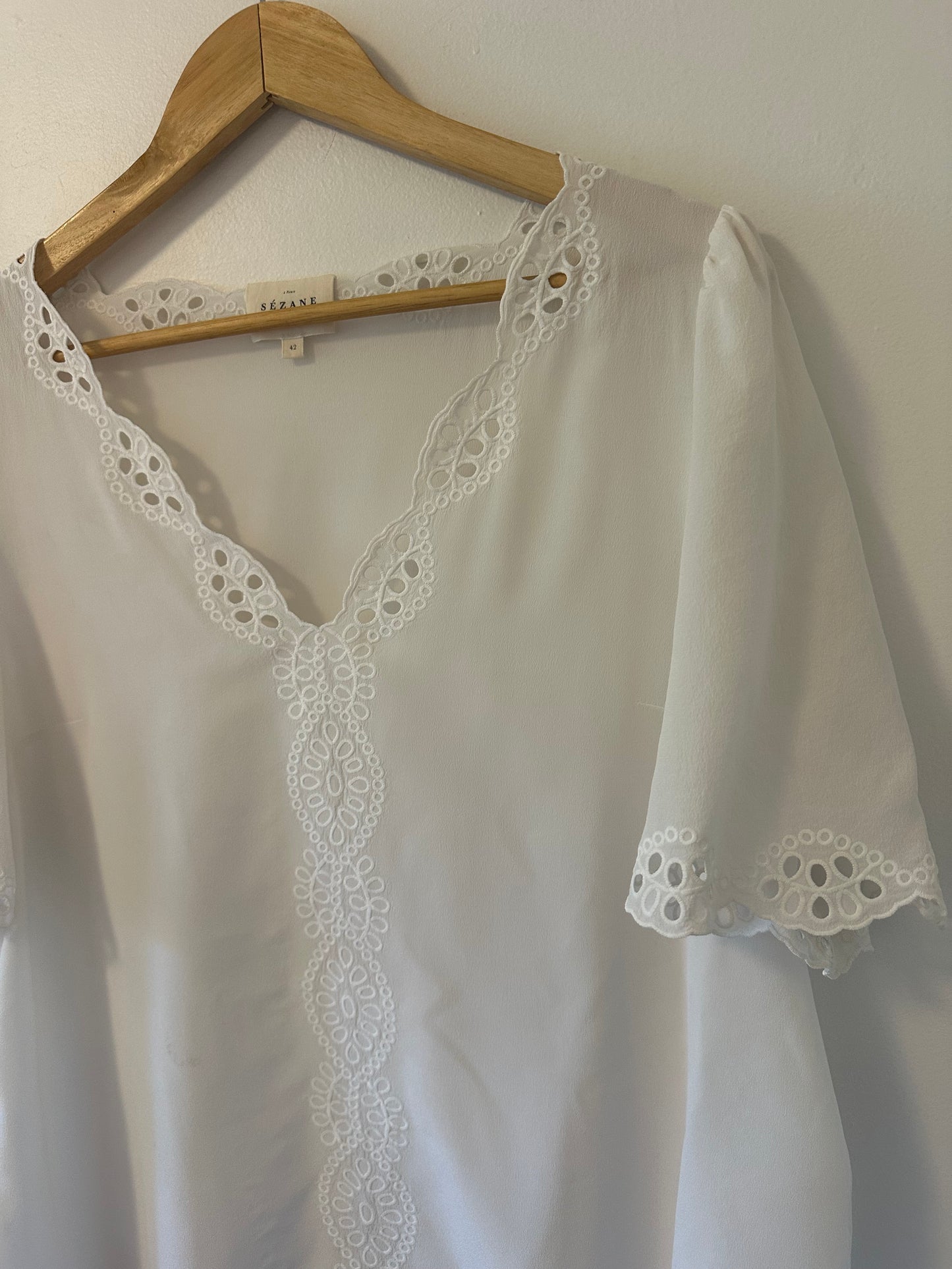 Sezane White Lace Trim Silk Blouse | Size 10 EU 42
