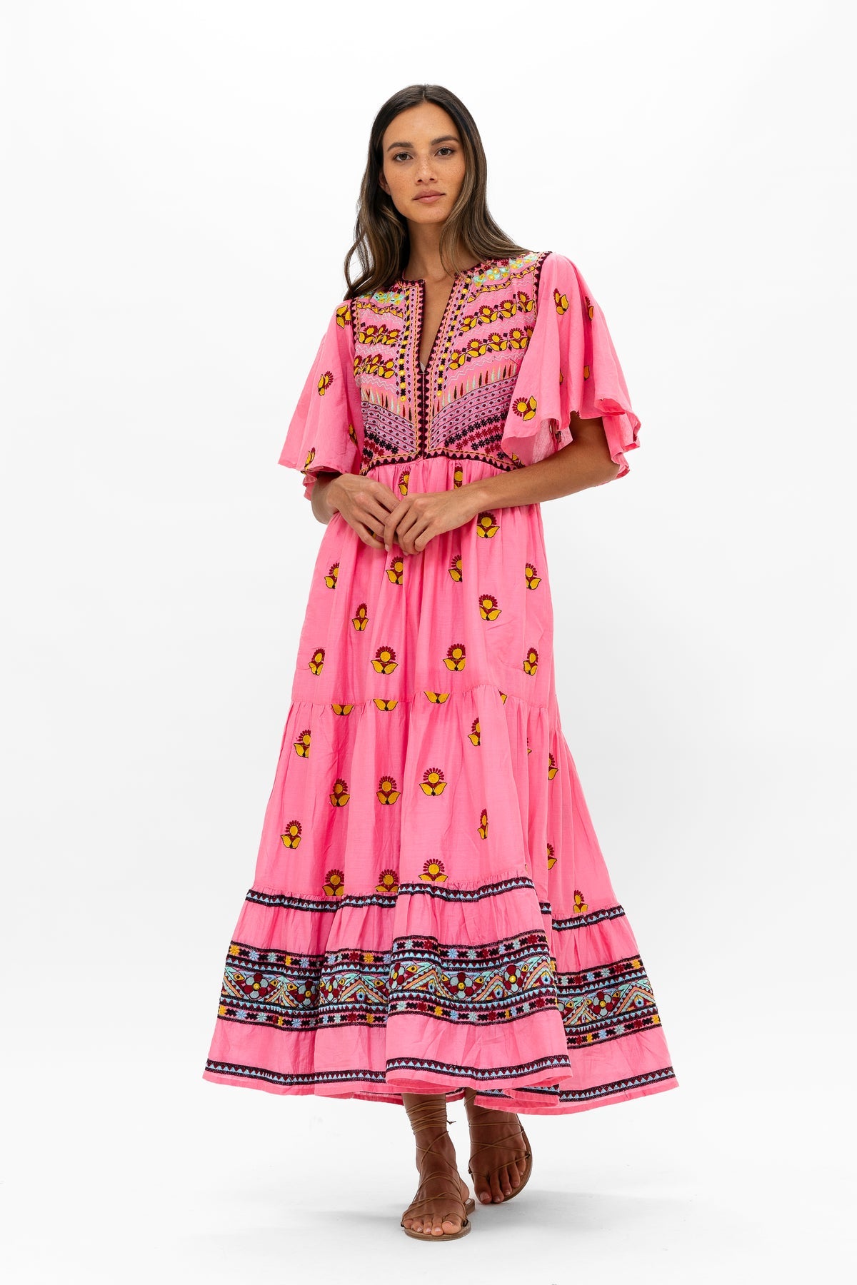 Oliphant Flirty V-Neck Embroidered Maxi Dress in Santa Fe Pink | Size XL