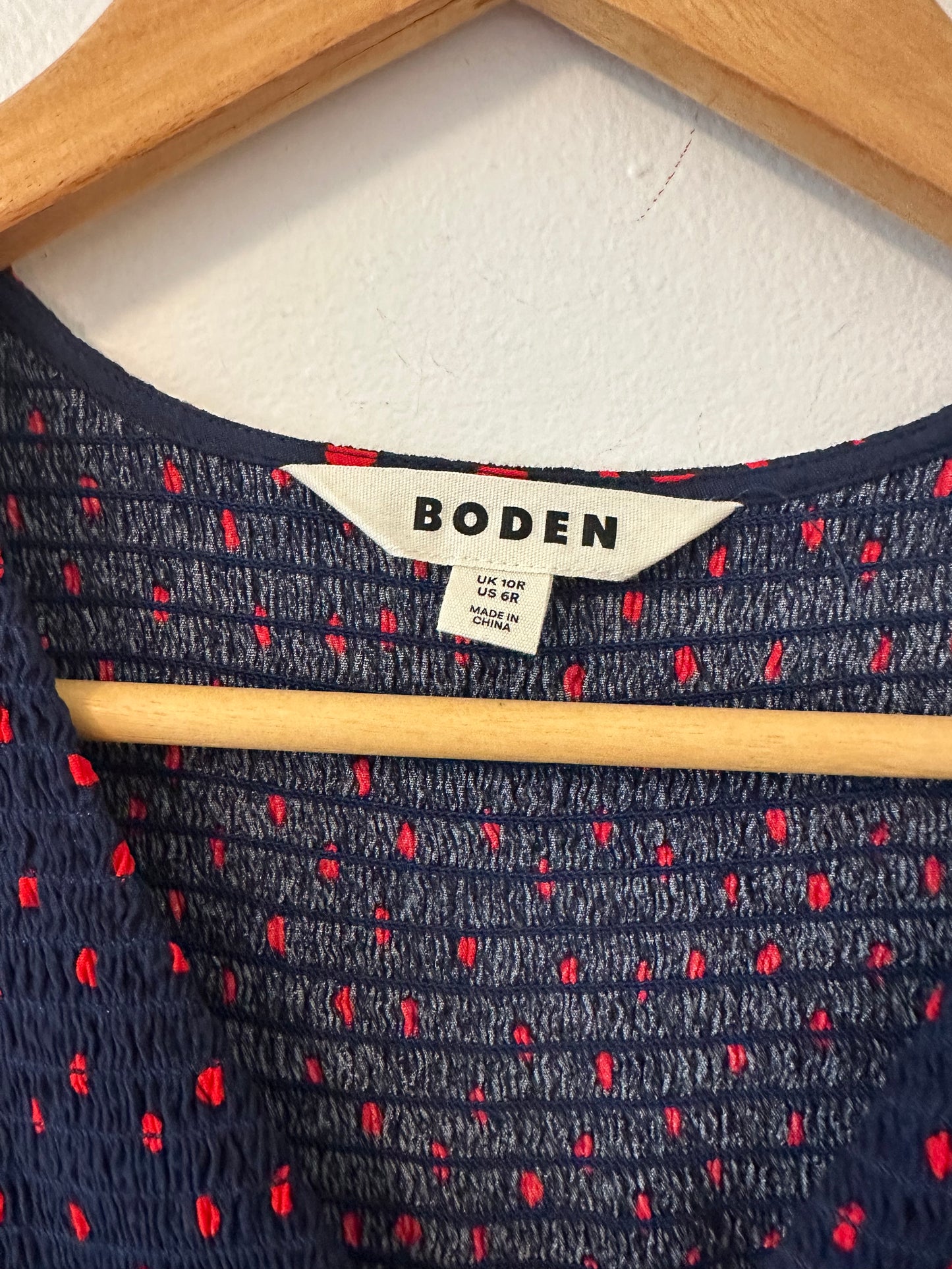 Boden Gemma Smocked Midi Dress in High Risk Red, Abstract Dot - Size 6