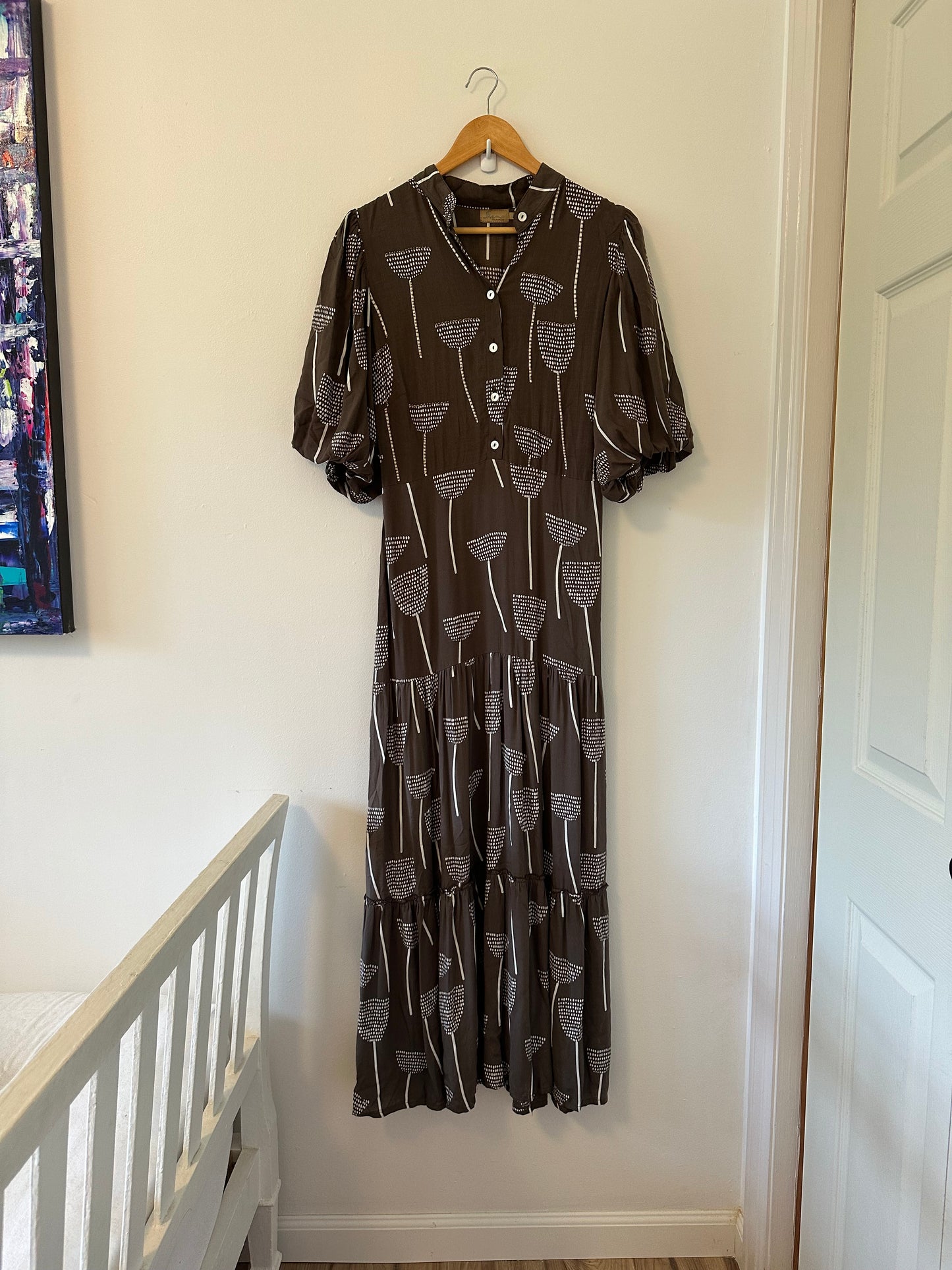 Skemo Brown Floral Dress with Gold Beading - Size Small