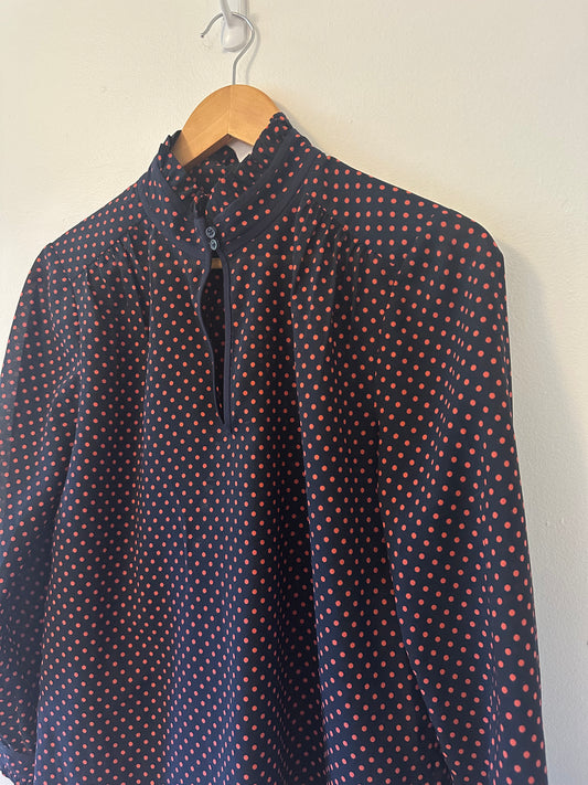 J. Crew - Navy and Red Polka Dot Stand Up Collar Sheer Flowy Blouse | Size 6