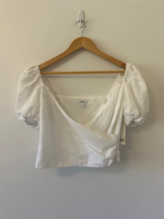 NWT Bar III White Eyelet Wrap Cropped Puff Sleeve Blouse | Size 6