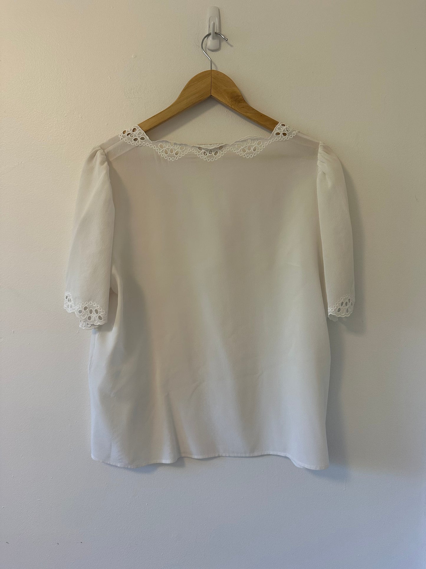Sezane White Lace Trim Silk Blouse | Size 10 EU 42