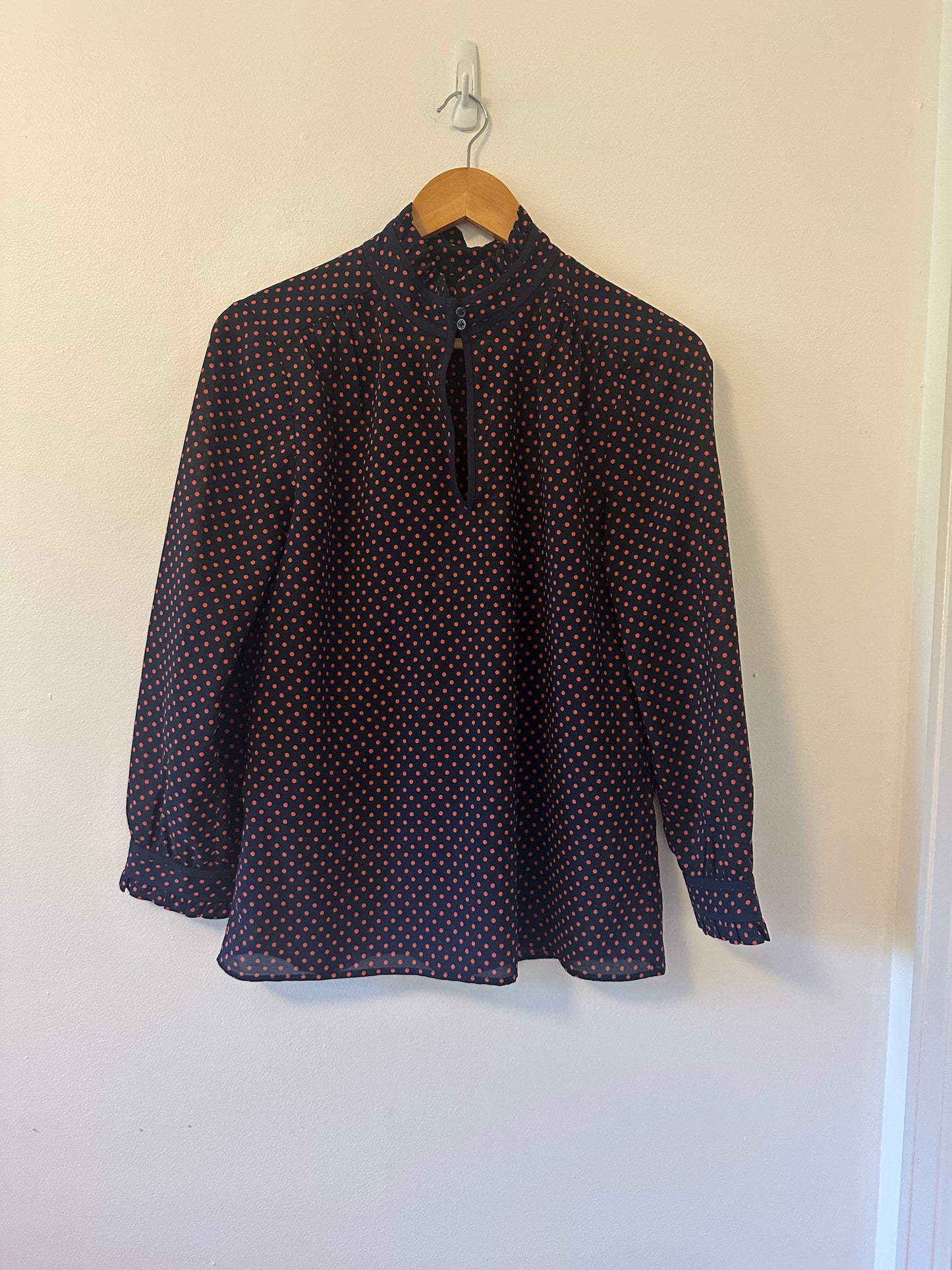 J. Crew - Navy and Red Polka Dot Stand Up Collar Sheer Flowy Blouse | Size 6