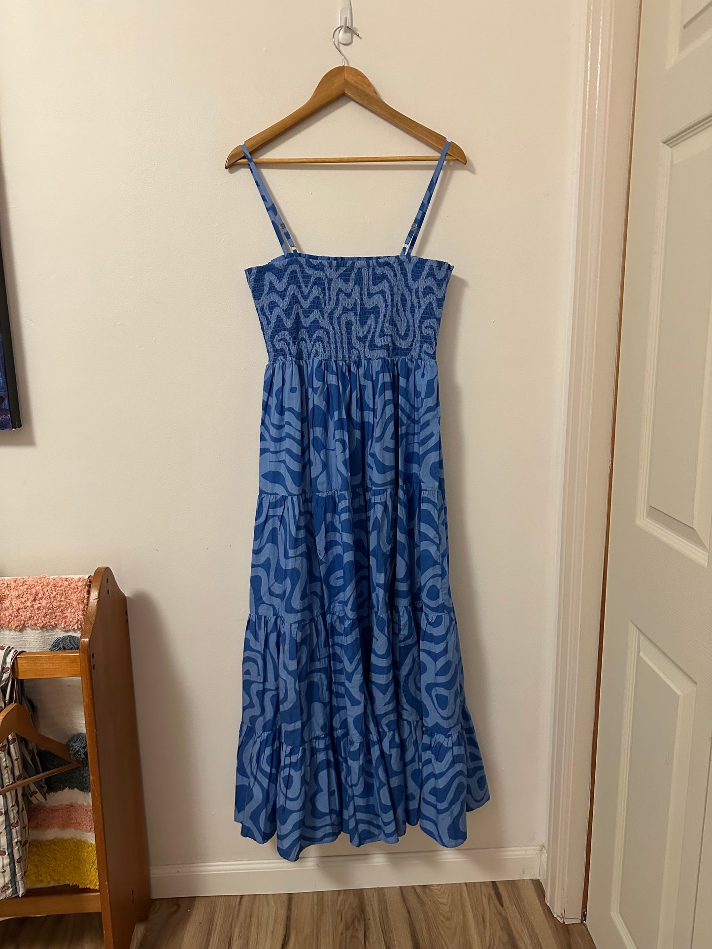 Oliphant Ashbury Smocked Back Cotton Maxi Dress in Blue | Size Medium