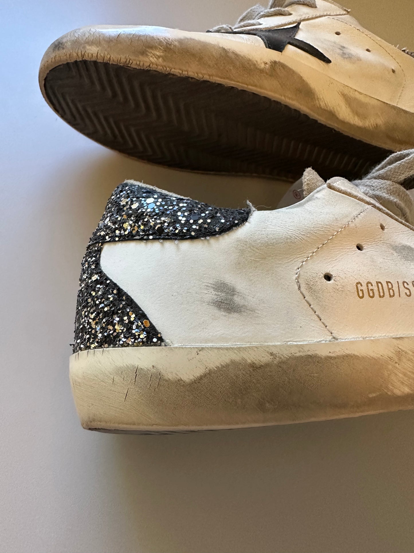 Golden Goose Super-Star Sneakers with a Star and Black Glitter Heel | Size 39