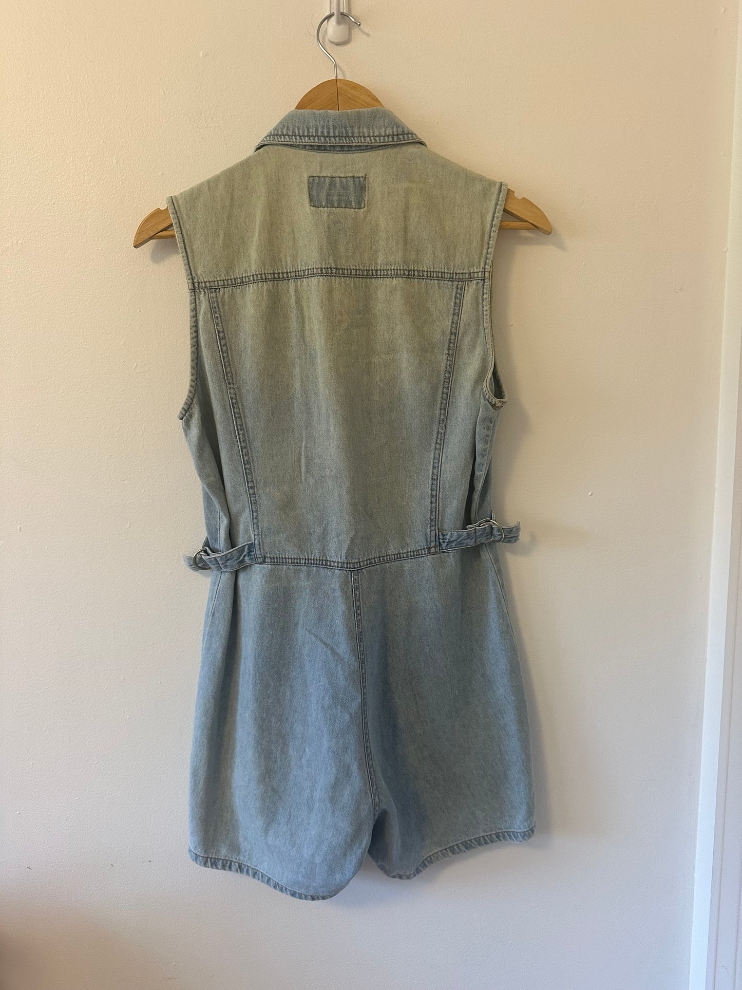 Squeeze Vintage Denim Sleeveless Zip Up Romper | Size Small