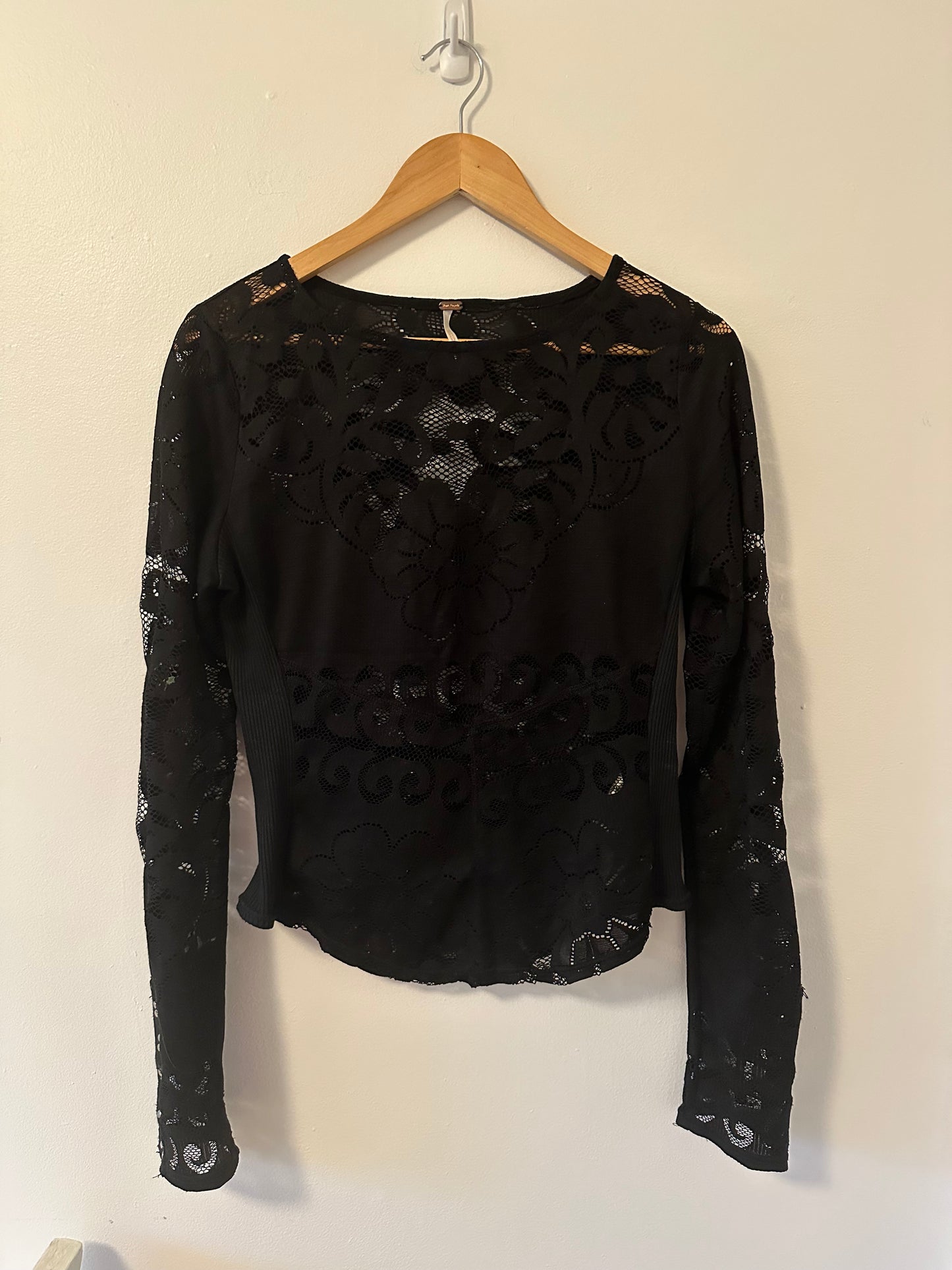 Free People Wild Roses Black Lace Long Sleeve Shirt- Size Medium
