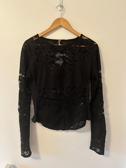 Free People Wild Roses Black Lace Long Sleeve Shirt- Size Medium