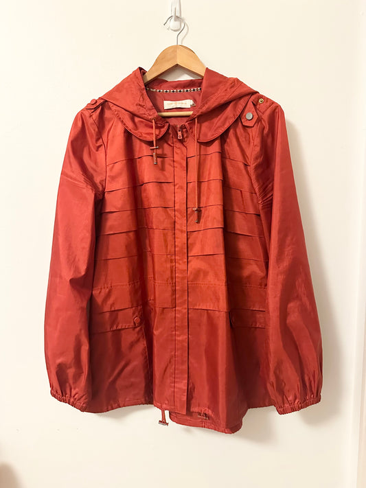 Tory Burch Red Pleated Utility Rain Jacket with Hood | Size Large