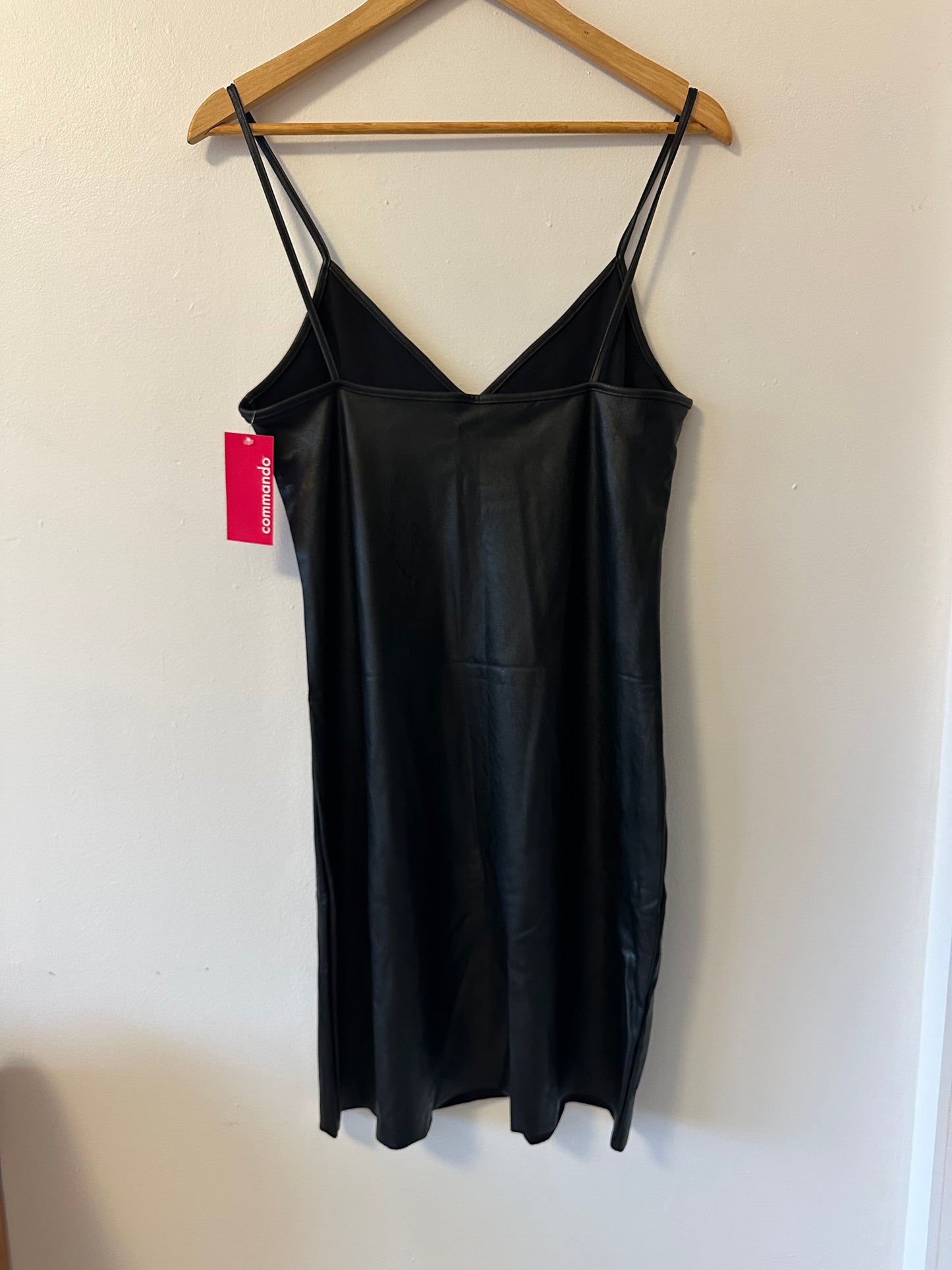 NWT Commando Vegan Faux Leather V-Neck Spaghetti Strap Slip Dress In Black | Size Small