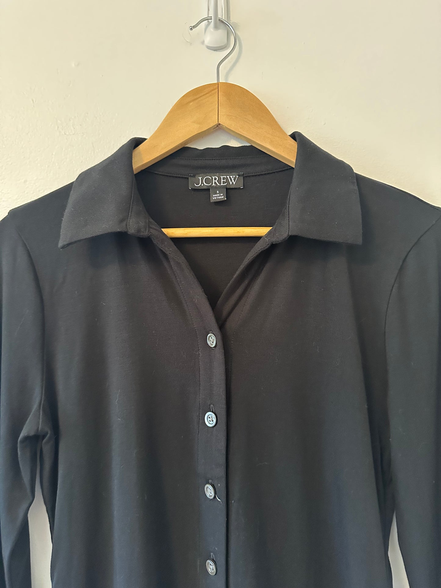 J. Crew Black Button-Up Long Sleeve Collared Top in Refined Rib | Size Small