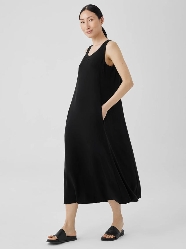 Eileen Fisher Silk Georgette Crepe Scoop Neck Dress in Black | Size XL