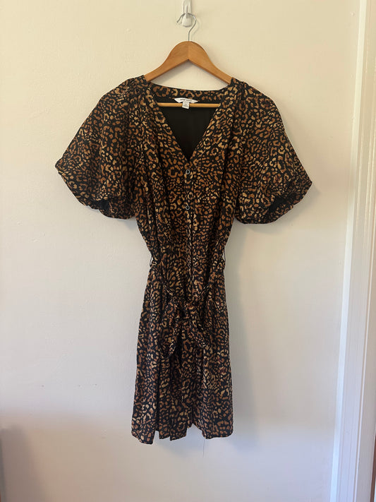 Nine West Puff Sleeve Brown Leopard Print Button Front Mini Dress | Size Medium