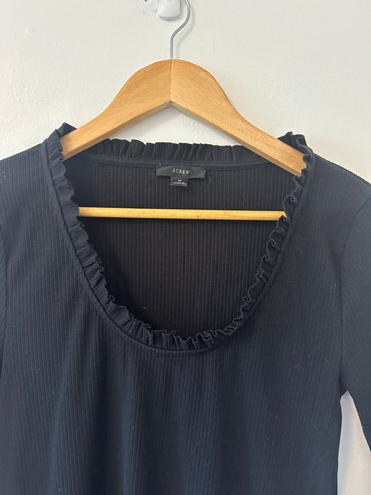 J. Crew - Vintage Ribbed Black Ruffled Long Sleeve Scoop Neck T-Shirt | Size Medium