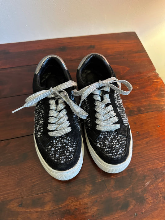 Birdies Shoes Birdies Cardinal Orbit Boucle Tweed Black Suede Silver Sneakers