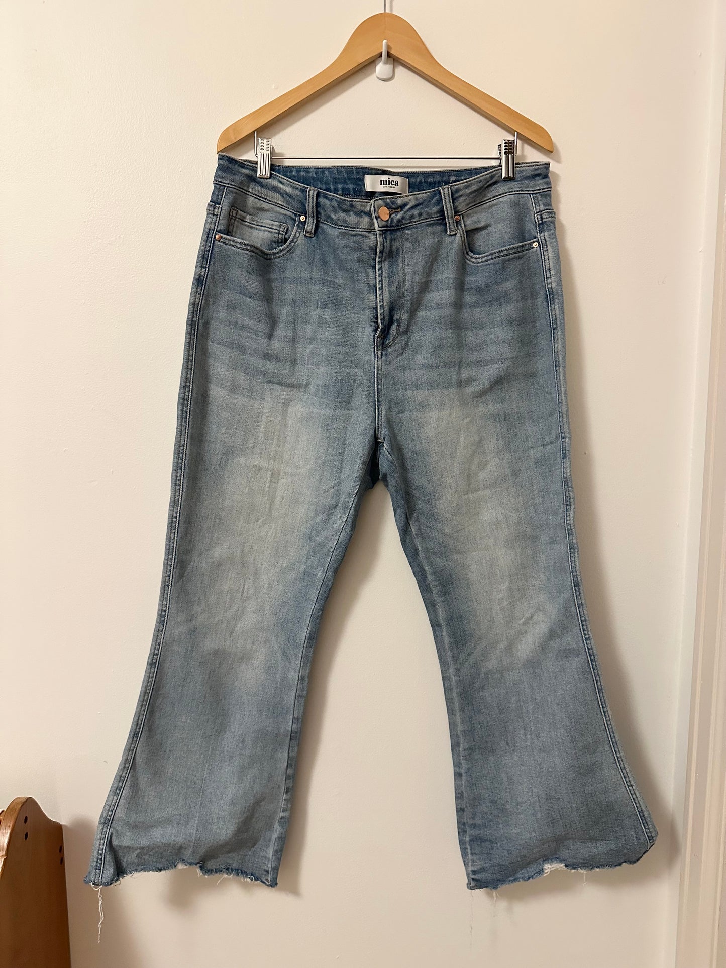 Mica High Rise Light Wash Uneven Hem Cropped Flare Jeans | Size 14