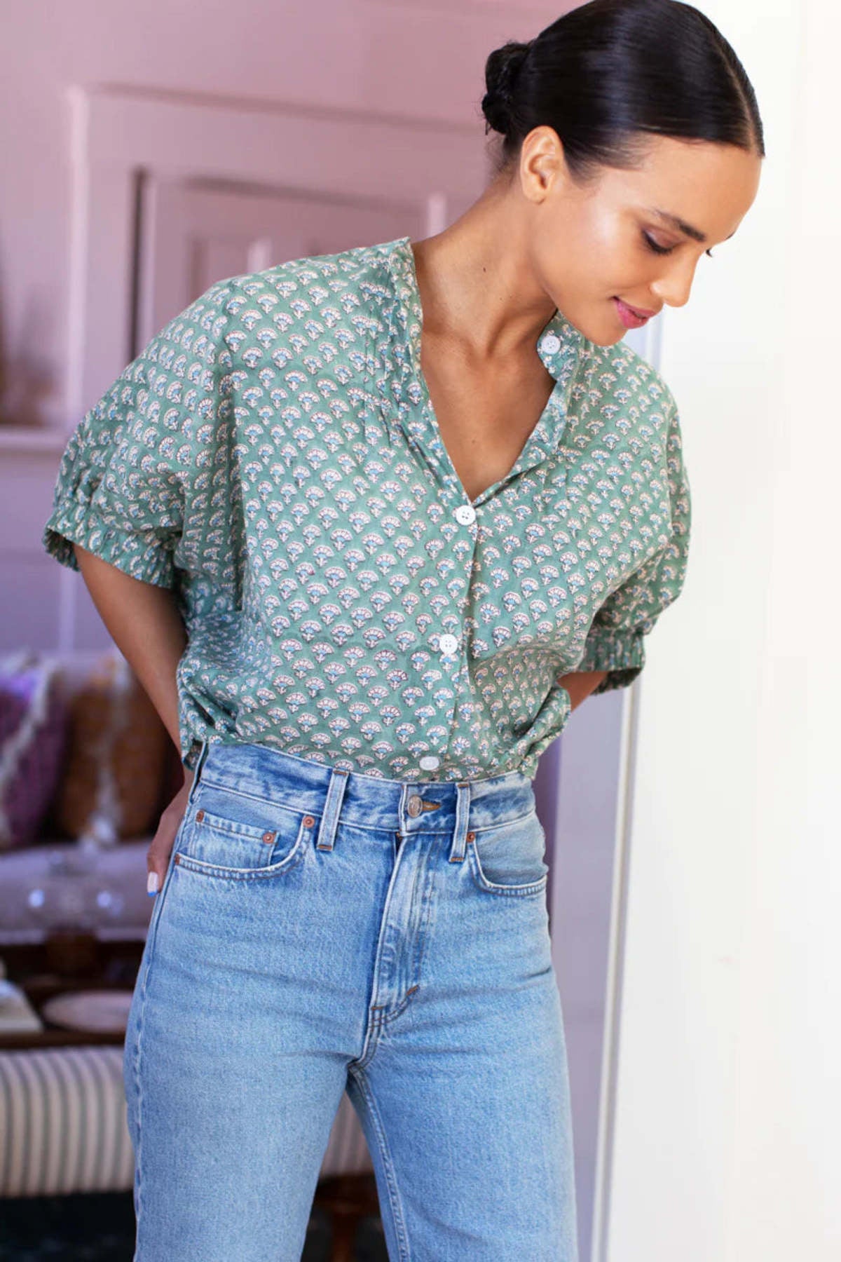 Emerson Fry - Mandarin Collar Top in Day Flowers Juniper Organic | One Size